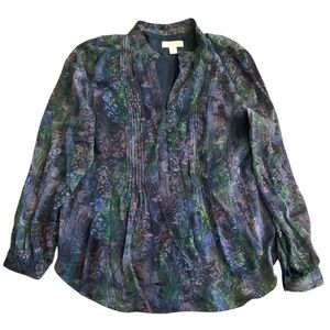 Coldwater Creek Sheer Floral Blouse L 14 Green Blue Purple Layered Long Sleeve